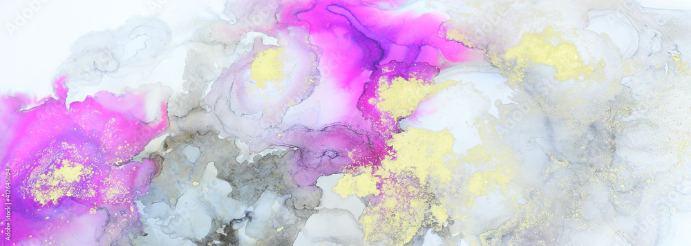 art photography of abstract fluid art painting with alcohol ink, black, pink and gold colors. banner