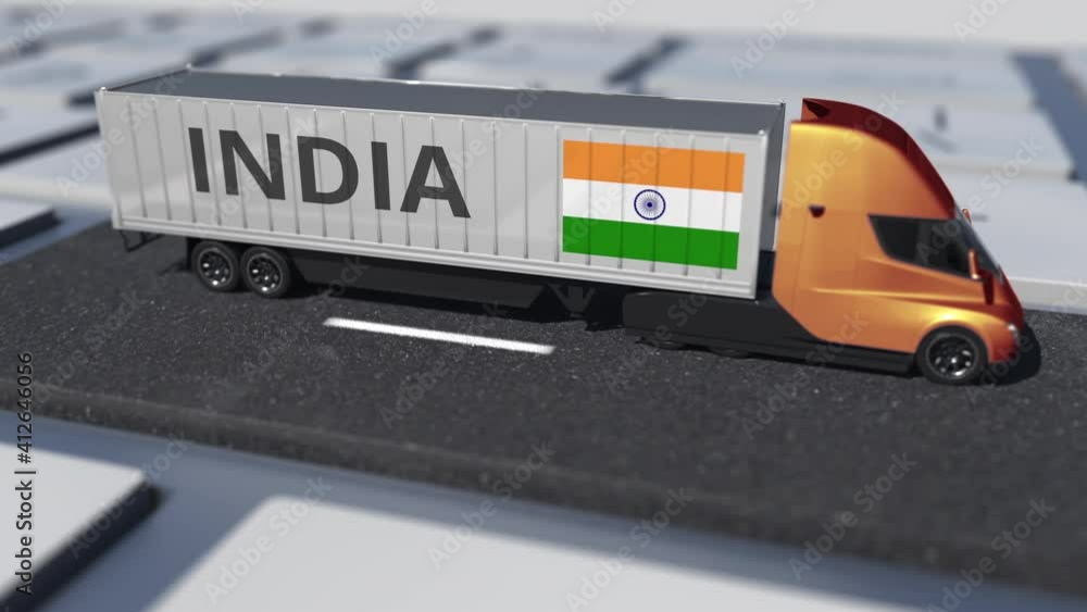 Flag of India on moving truck and computer keyboard. International shipping related looping 3d animation Flag of India on moving truck and computer keyboard. International shipping related looping 3d animation