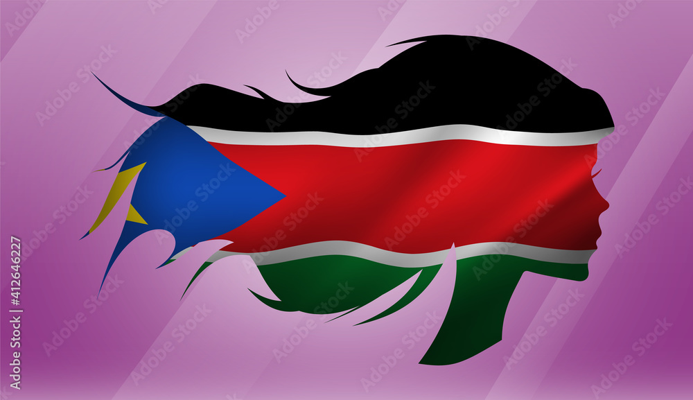 Naklejka premium Vector beautiful woman portrait silhouette with long flowing hair in national flag of South Sudan on pink background