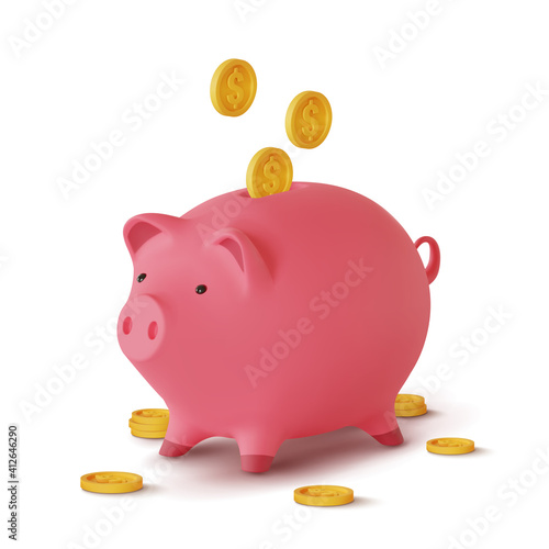 3d realistic moneybox in the form of a pig and coins falling, isolated on white background, vector illustration