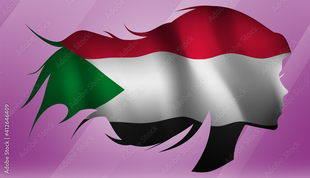 Naklejka premium Vector beautiful woman portrait silhouette with long flowing hair in national flag of Sudan on pink background