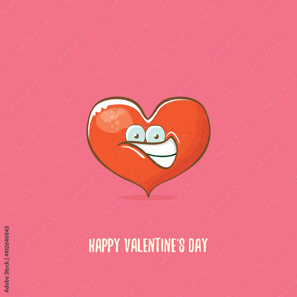 Vector Valentines day greeting card with funny cartoon heart character isolated on pink background. Conceptual valentines day comic funky kids poster or banner Vector Valentines day greeting card with funny cartoon heart character isolated on pink background. Conceptual valentines day comic funky kids poster or banner