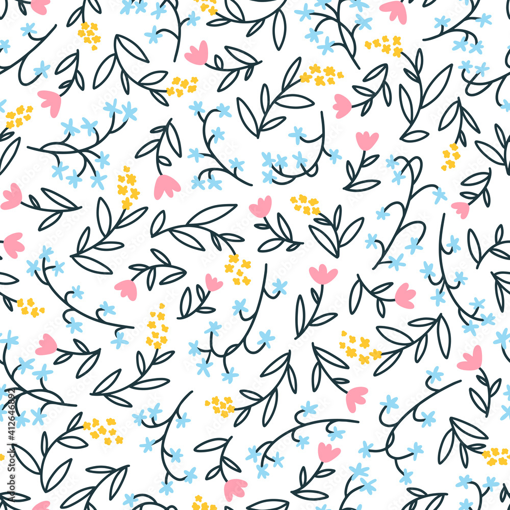 Floral seamless vector pattern with small flowers. Simple hand-drawn style. Motifs scattered liberty. Pretty ditsy for fabric, textile, wallpaper. Digital paper in white background.