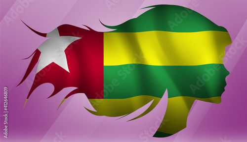 Vector beautiful woman portrait silhouette with long flowing hair in national flag of Togo on pink background