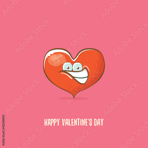 Vector Valentines day greeting card with funny cartoon heart character isolated on pink background. Conceptual valentines day comic funky kids poster or banner