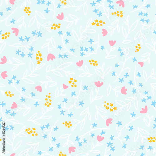 Floral seamless vector pattern with small flowers. Simple hand-drawn style. Motifs scattered liberty. Pretty ditsy for fabric, textile, wallpaper. Digital paper in a pastel palette.