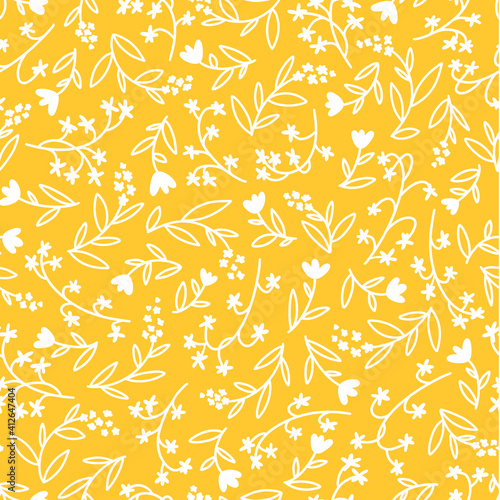 Floral seamless vector pattern with small flowers. Simple hand-drawn style. Motifs scattered liberty. Pretty ditsy background for fabric, textile, wallpaper. Digital paper in yellow color