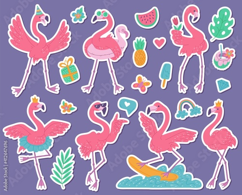 Pink flamingos stickers set ballerina, birthday boy, surfer and princess. African birds cartoon flat illustration.