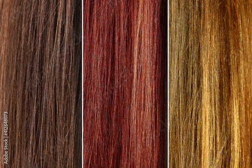 Macro of three locks of hair with different shades of coloring, blond, red and brown, chosen for the customer who wants to get a dye