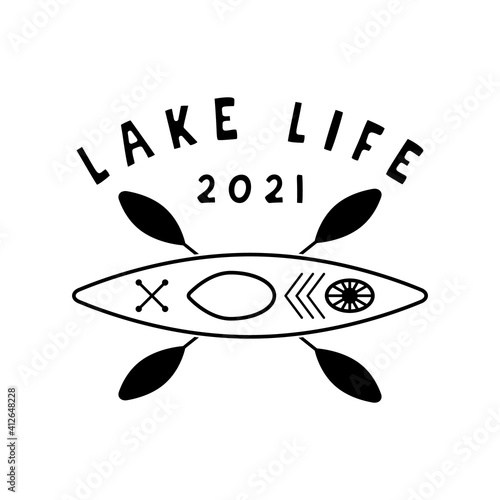 Lake life badge design. Silhouette emblem with canoe and quote - Lake life. Vintage travel logo emblem isolated. Stock vector