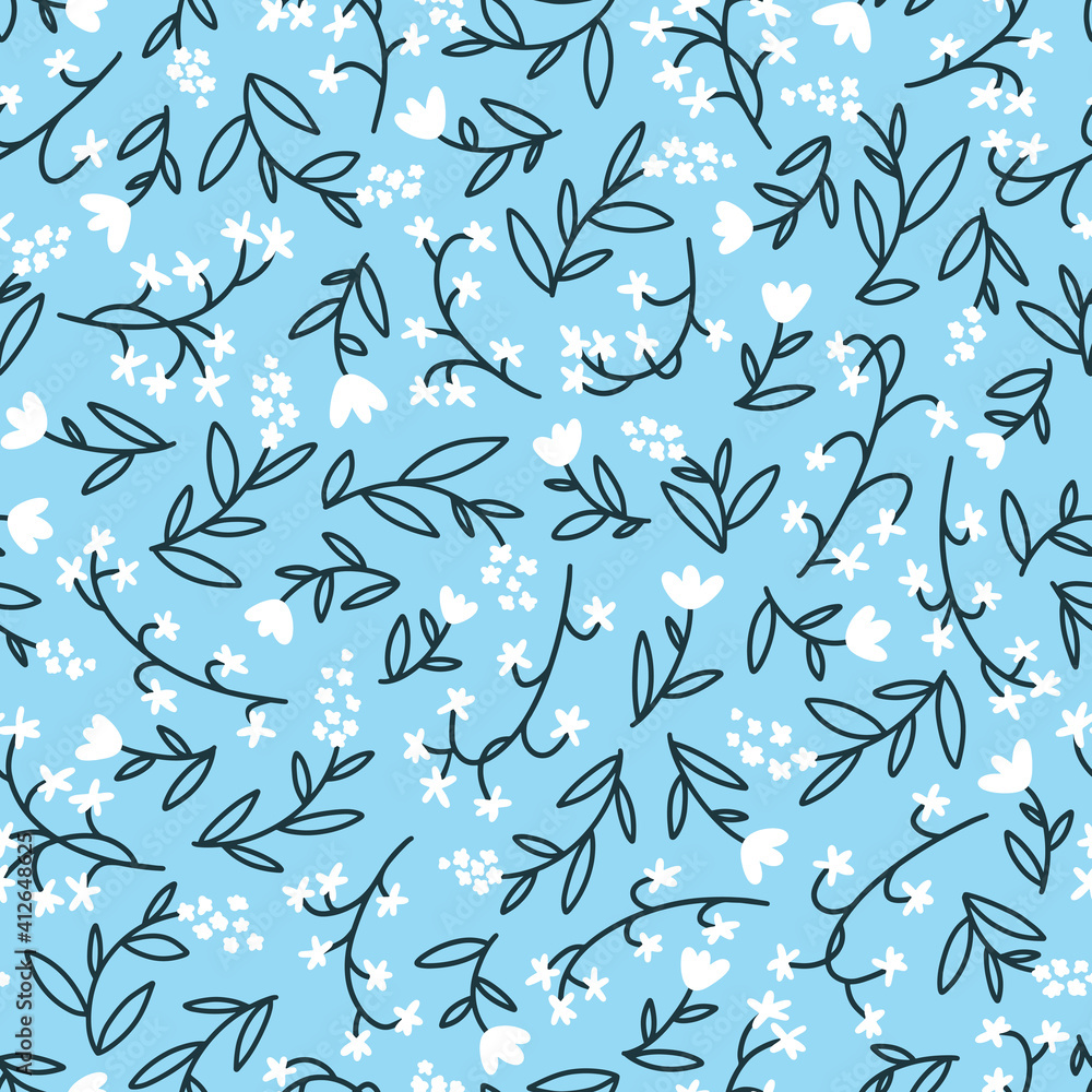 Floral seamless vector pattern with small flowers. Simple hand-drawn style. Motifs scattered liberty. Pretty ditsy for fabric, textile, wallpaper. Digital paper in blue background.