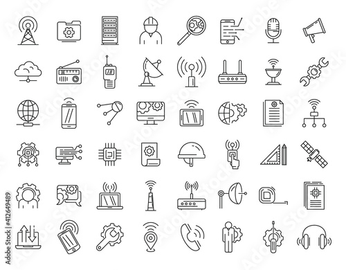 Communications engineer icons set. Outline set of communications engineer vector icons for web design isolated on white background
