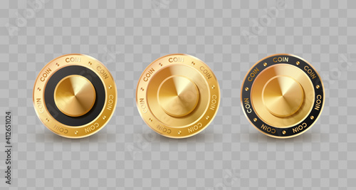 Set of concept different gold, golden, black coins, crypto currency on transparent background. Vector illustration for card, party, design, flyer, poster, decor, banner, web, advertising.