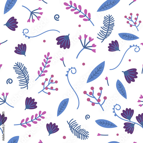 Seamless pattern of dark blue and pink, purple handdrown flowers and leafs and plants on white background. Vector illustration.