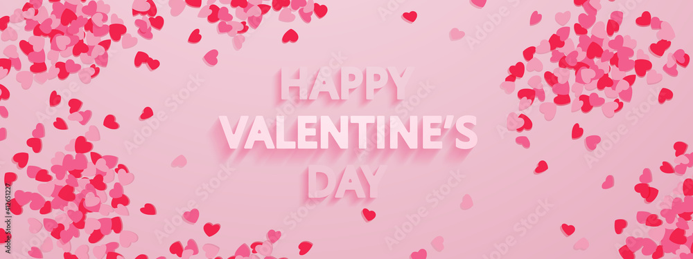 Banner for Happy Valentine's Day with red, pink hearts confetti and 3d text on pink background. Vector Holiday illustration for decor, design, arts, advertising. Banner for Happy Valentine's Day with red, pink hearts confetti and 3d text on pink background. Vector Holiday illustration for decor, design, arts, advertising.