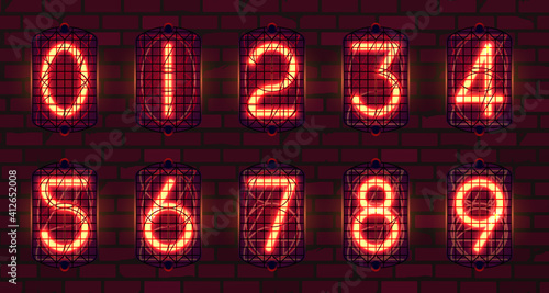 Set of retro neon numbers from red lamps in-12, nixie tube indicator, industrial lamp gas-discharge indicator, warm light on dark background. Vector steampunk illustration.