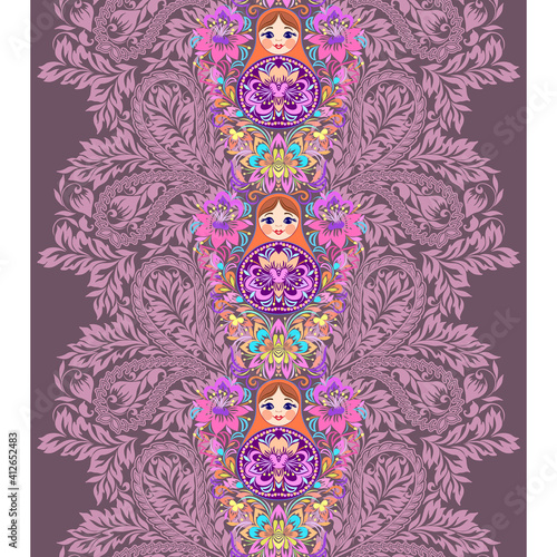 Vertical seamless lace pattern with nesting dolls . Pink ornament with leaves. Use for embroidery, braid, tape, ribbon. Vector clipart.