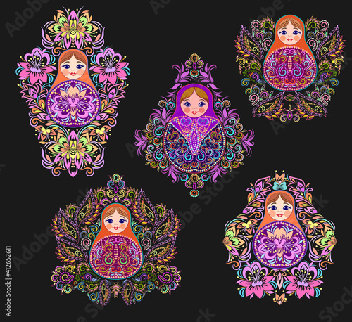Set of colorful nesting dolls. Traditional russian pattern - art symbol. Classical design and decorating, vector print.