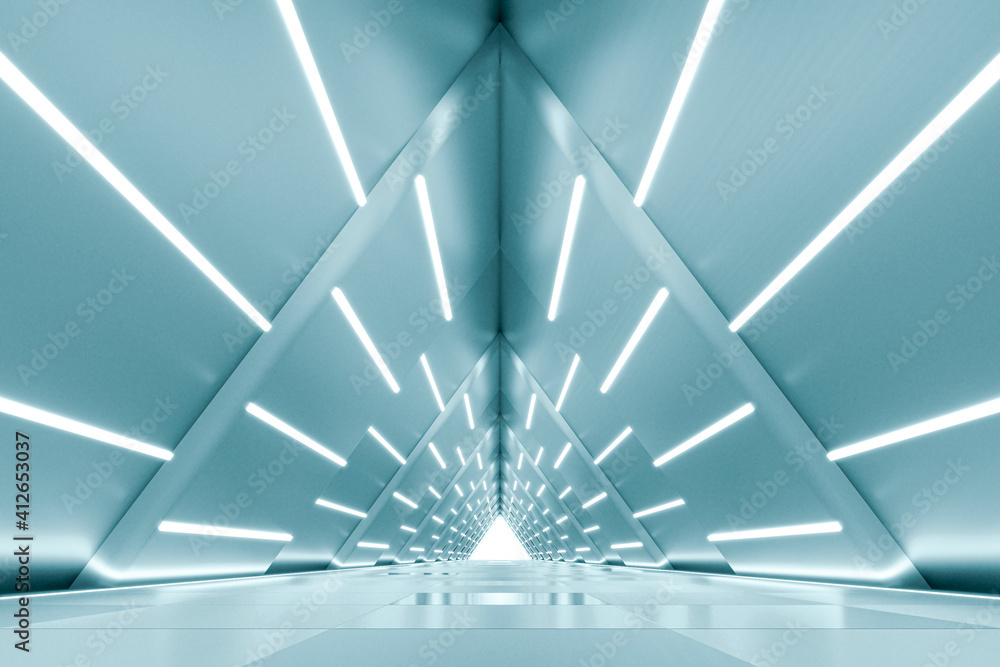 Naklejka premium Abstract Triangle Spaceship corridor, futuristic background, sci-fi science concept, 3d rendering