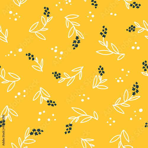 Floral seamless vector pattern with small flowers. Simple hand-drawn style. Motifs scattered liberty. Pretty ditsy background for fabric, textile, wallpaper. Digital paper in yellow color.