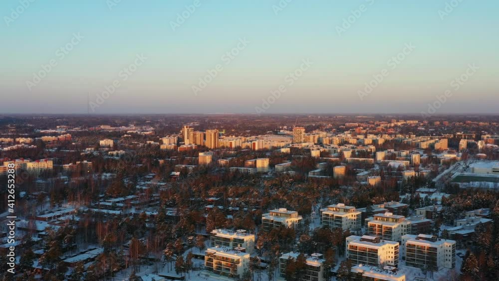 Aerial view of Matinkyla neighborhood of Espoo, Finland. Morning winter cityscape on the sunrise. Aerial view of Matinkyla neighborhood of Espoo, Finland. Morning winter cityscape on the sunrise.