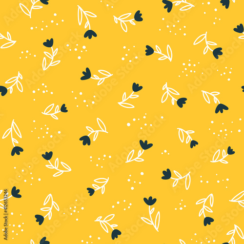 Floral seamless vector pattern with small flowers. Simple hand-drawn style. Motifs scattered liberty. Pretty ditsy background for fabric, textile, wallpaper. Digital paper in yellow color.