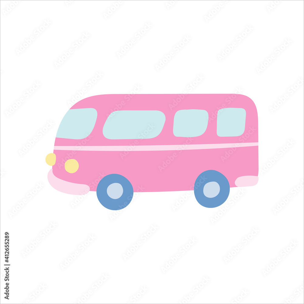 Pink travel bus on white background. Vector illustration in flat style