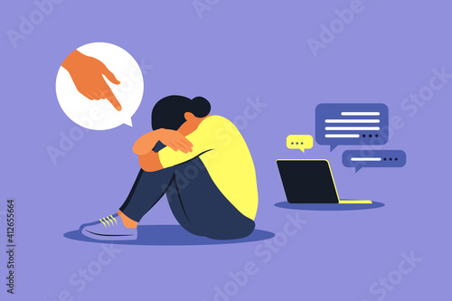 Cyber bullying. Depressed woman sitting on the floor. Opinion and the pressure of society. Shame. Vector flat