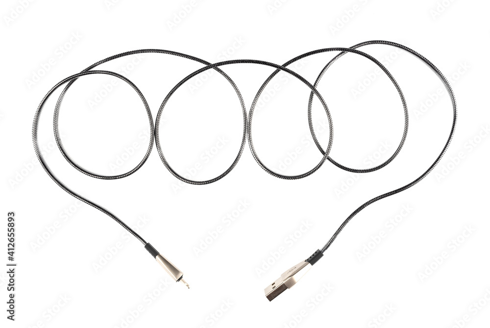 Top view of a data cable or charging cable with USB connectors. Top view of a data cable or charging cable with USB connectors.