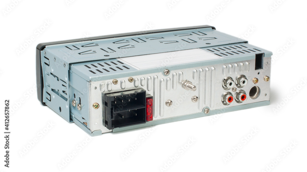 Back side of the old fashioned car radio with compact disk player
