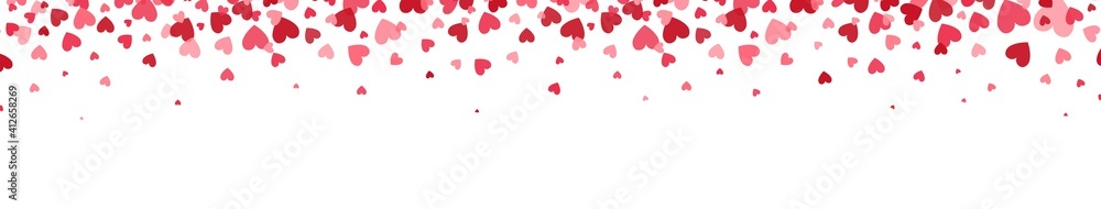 Celebration backdrop with heart confetti. Bright hearts confetti falling on white background. Valentines Day design elements for greeting cards, wedding invitation, gift packages. Vector illustration