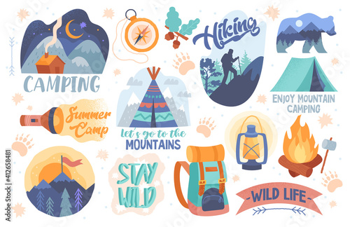 Camping, Hiking, Adventure letterings, symbols. Wild animals, mountains, fireplace, tent, oil lamp, backpack and other elements. Set of flat cartoon vector illustrations isolated on white background