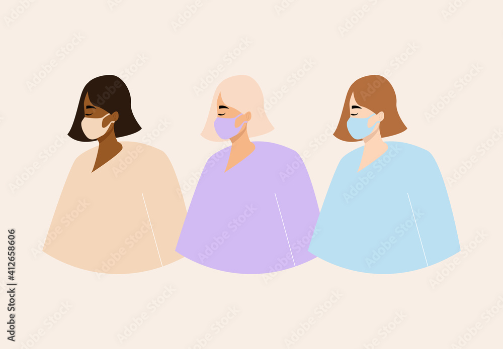 A group of girls drawn in a simple style in a semi profile stand in protective medical masks A group of girls drawn in a simple style in a semi profile stand in protective medical masks
