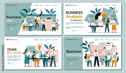 Fototapeta Naklejka Na Ścianę i Meble -  Four business analysis page templates showing diverse businesspeople and teams analysing statistical charts with copyspace. Set of flat cartoon colored vector illustrations. Website, webpage template