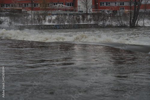 High tide in jena at saale river in winter 2021