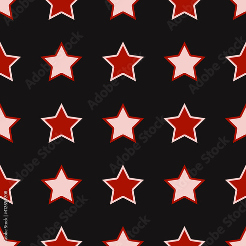Red stars and black background pattern. Vector.