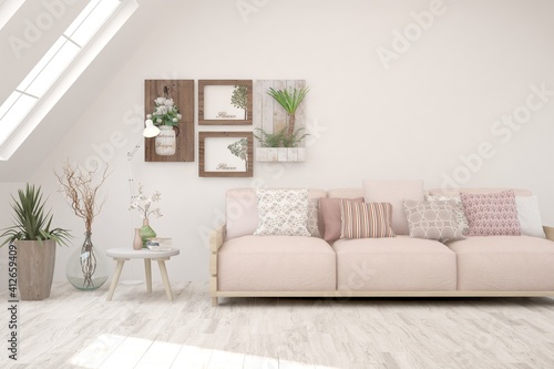 White living room with sofa. Scandinavian interior design. 3D illustration