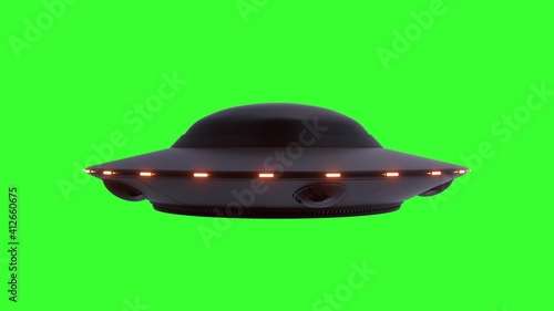 Fototapeta Naklejka Na Ścianę i Meble -  Realistic UFO with RED lights on Green Screen Background. 3d illustration