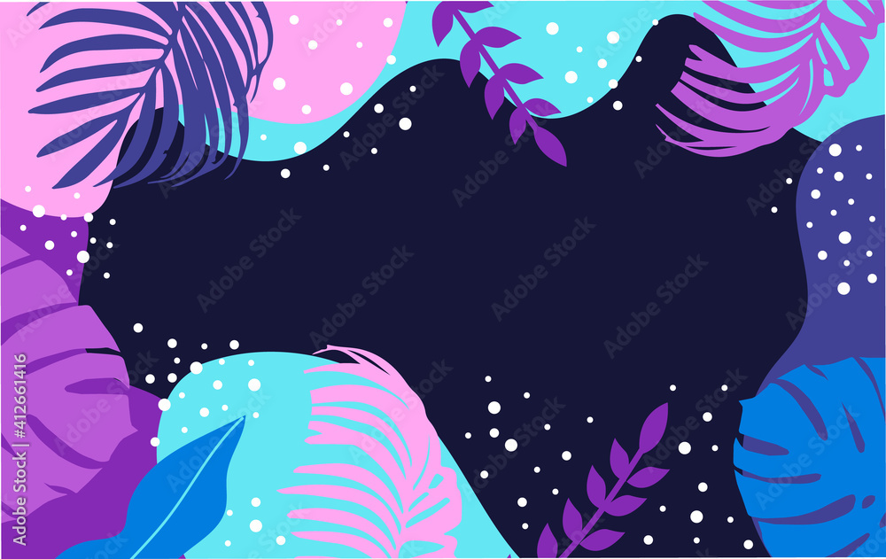 fantasy background with palm and monstera leaves.