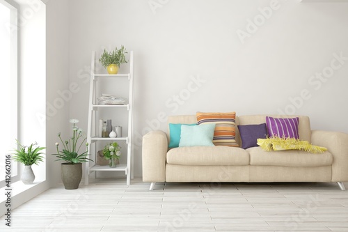 White living room with sofa. Scandinavian interior design. 3D illustration