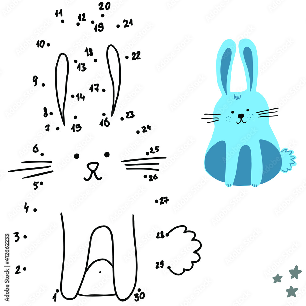 Obraz premium Connect the dots and draw a cute cartoon bunny. Educational game for children. Vector illustration.