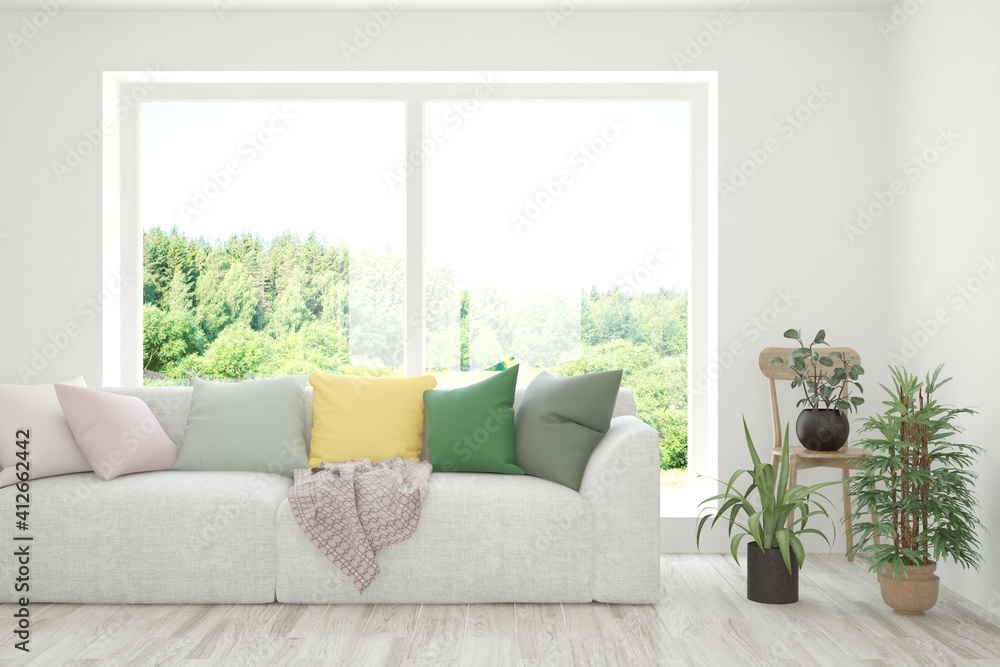 White living room with sofa and summer landscape in window. Scandinavian interior design. 3D illustration White living room with sofa and summer landscape in window. Scandinavian interior design. 3D illustration