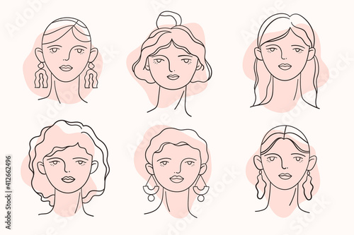 Set of faces of young womans. Girls hand drawn contour illustration.