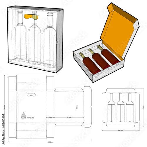 Packaging for three bottles of wine and Die-cut Pattern. 