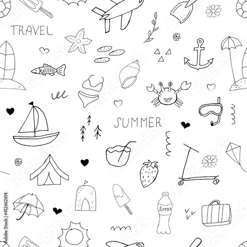 Summer set seamless pattern. Vector illustration with random elements. Design for prints and cards.