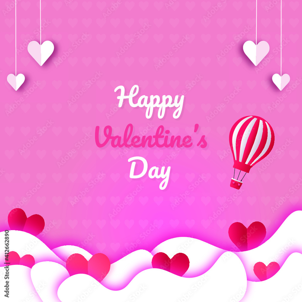 Happy valentine's day card template with heart shaped illustration. balloons color floating in the sky .