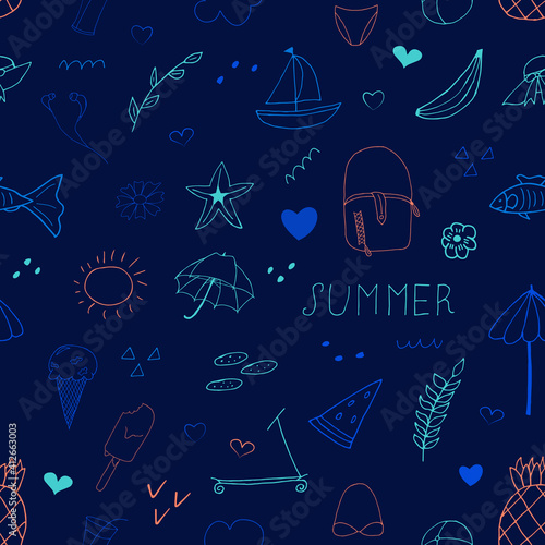 Summer set seamless pattern. Vector illustration with random elements. Design for prints and cards.