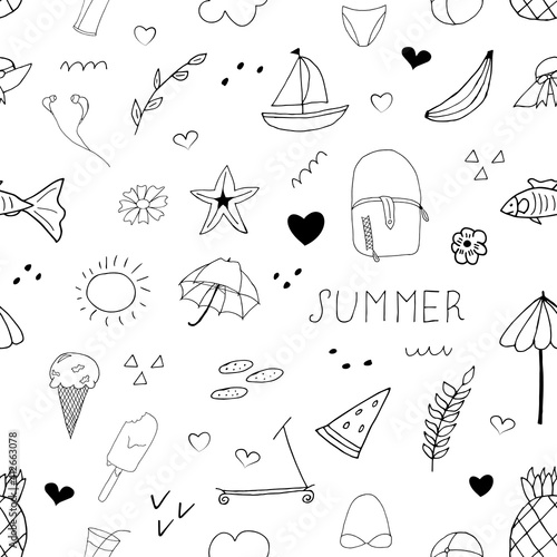 Summer set seamless pattern. Vector illustration with random elements. Design for prints and cards.