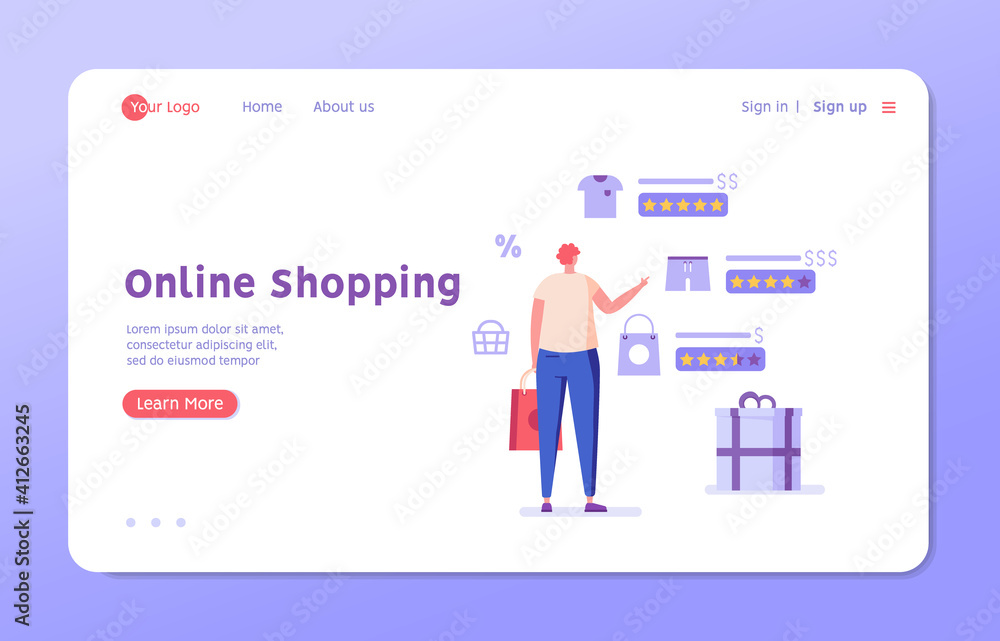 Men choose products in the online store. Concept of online shopping, big choice, internet trade, product rating, market place, customer reviews. Vector illustration in flat design