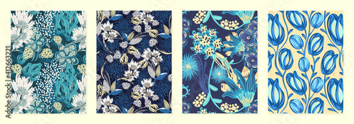 Set of cover templates with creative sloppy flowers. Blue and yellow artistic backgrounds with floral decorations. Designs is for notebook, planner, diary, poster, card. Size A4. Vector illustration